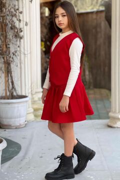 Kız Çocuk Balıkçı Yaka Kazak V Yaka Yelek Kemerli Pliseli Kırmızı Etekli Takım