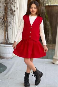Kız Çocuk Balıkçı Yaka Kazak V Yaka Yelek Kemerli Pliseli Kırmızı Etekli Takım