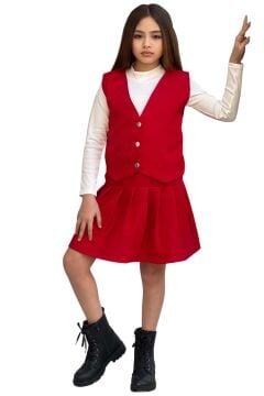 Kız Çocuk Balıkçı Yaka Kazak V Yaka Yelek Kemerli Pliseli Kırmızı Etekli Takım