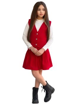 Kız Çocuk Balıkçı Yaka Kazak V Yaka Yelek Kemerli Pliseli Kırmızı Etekli Takım