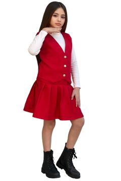 Kız Çocuk Balıkçı Yaka Kazak V Yaka Yelek Kemerli Pliseli Kırmızı Etekli Takım