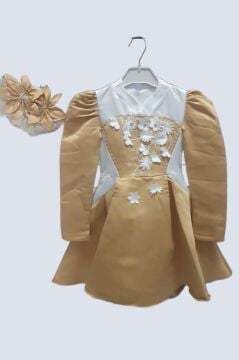 Kız Çocuk Sırtı Fermuar Detaylı Beyaz Renk Göğsü Papatya Detaylı Karpuz Kol Cepli Kahverengi Elbise