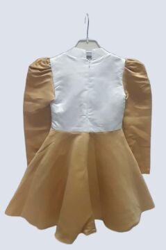 Kız Çocuk Sırtı Fermuar Detaylı Beyaz Renk Göğsü Papatya Detaylı Karpuz Kol Cepli Kahverengi Elbise