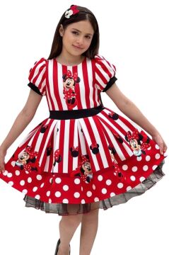 Kız Çocuk Üzeri Mc Maymun Baskılı Şerit Ve Çizgi Detaylı Kırmızı Elbise