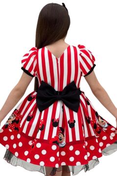 Kız Çocuk Üzeri Mc Maymun Baskılı Şerit Ve Çizgi Detaylı Kırmızı Elbise