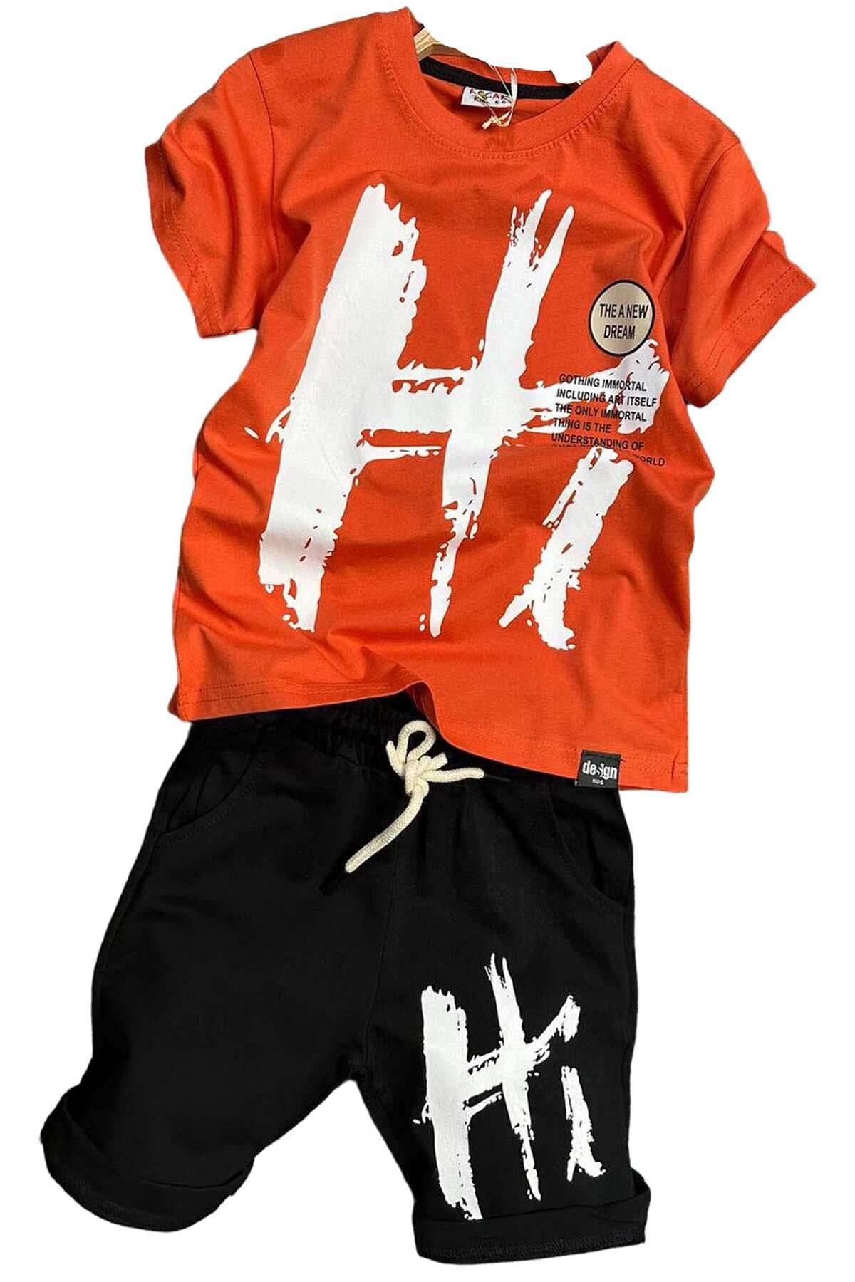 Erkek Çocuk Hi Yazı Baskılı Kısa Kollu Turuncu Şortlu Takım