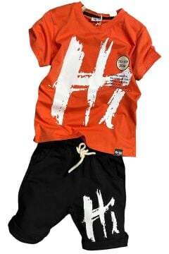 Erkek Çocuk Hi Yazı Baskılı Kısa Kollu Turuncu Şortlu Takım
