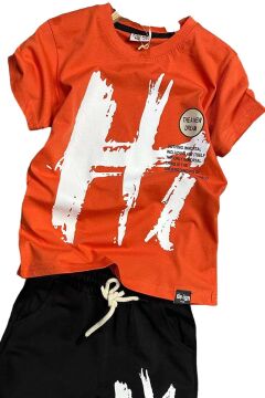 Erkek Çocuk Hi Yazı Baskılı Kısa Kollu Turuncu Şortlu Takım