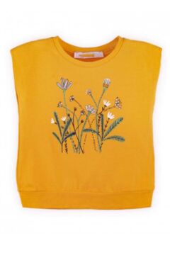 Kız Bebek Çiçek Baskılı Bisiklet Yaka Kolsuz Sarı Tişört