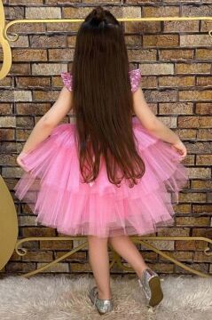 Kız Çocuk Üstü Pulpayet İşlemeli Katkat Pembe Abiye