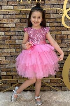 Kız Çocuk Üstü Pulpayet İşlemeli Katkat Pembe Abiye