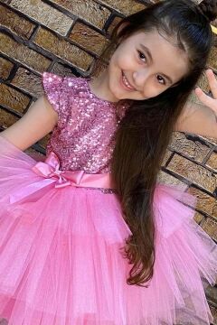 Kız Çocuk Üstü Pulpayet İşlemeli Katkat Pembe Abiye