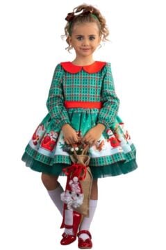 Kız Çocuk Bebe Yakalı Kare Desenli Noel Baskılı Taçlı Yeşil Elbise 2-8Yaş