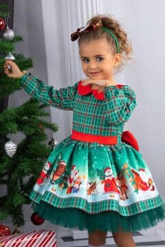 Kız Çocuk Bebe Yakalı Kare Desenli Noel Baskılı Taçlı Yeşil Elbise 2-8Yaş
