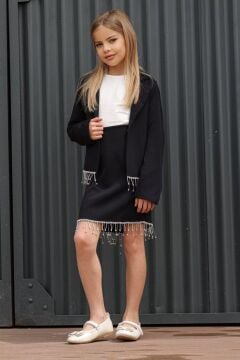 Kız Çocuk Dökümlü Kristal Taş Detaylı Siyah Etekli Takım