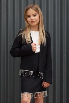 Kız Çocuk Dökümlü Kristal Taş Detaylı Siyah Etekli Takım