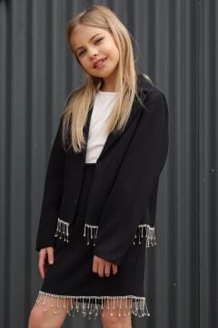 Kız Çocuk Dökümlü Kristal Taş Detaylı Siyah Etekli Takım