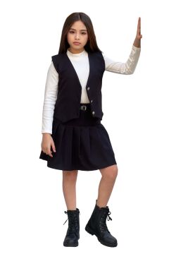 Kız Çocuk Balıkçı Yaka Kazak V Yaka Yelek Kemerli Pliseli Siyah Etekli Takım