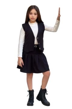 Kız Çocuk Balıkçı Yaka Kazak V Yaka Yelek Kemerli Pliseli Siyah Etekli Takım