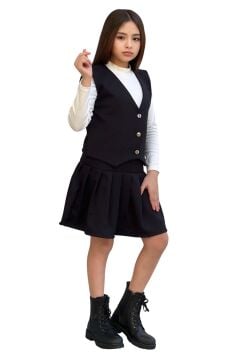 Kız Çocuk Balıkçı Yaka Kazak V Yaka Yelek Kemerli Pliseli Siyah Etekli Takım