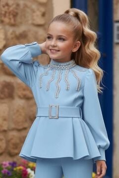 Kız Çocuk Yakası İnci Detaylı ve Astarlı Bluz Bol Kesim Pantolon Kemerli Mavi Alt Üst Takım