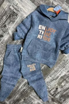 Erkek Çocuk Enjoy The Kalıp Baskılı Kapşonlu Sweatshirt Mavi Eşofman Takım