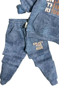 Erkek Çocuk Enjoy The Kalıp Baskılı Kapşonlu Sweatshirt Mavi Eşofman Takım