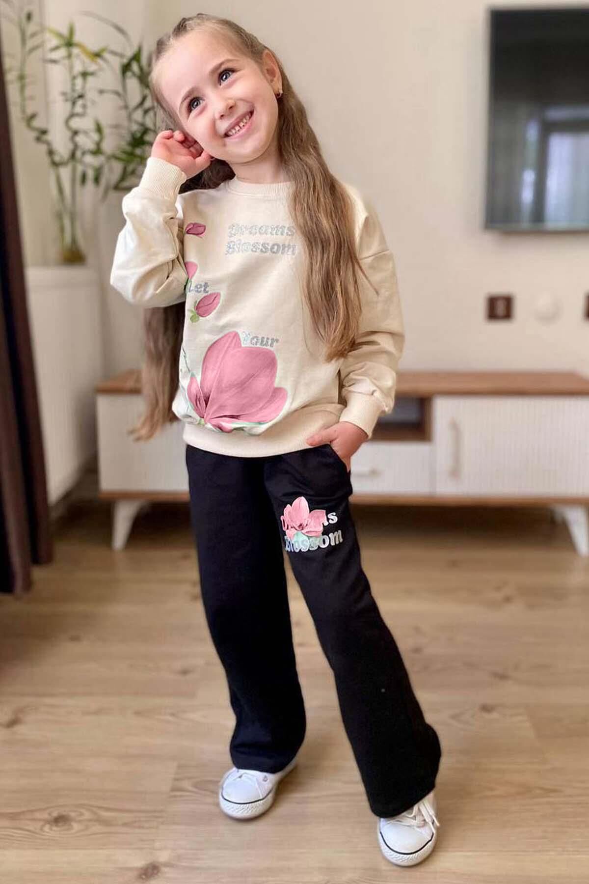 Kız Çocuk Digital Lale Baskılı Kazak Yazı Detaylı Alt Eşofman Takım