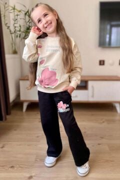 Kız Çocuk Digital Lale Baskılı Kazak Yazı Detaylı Alt Eşofman Takım