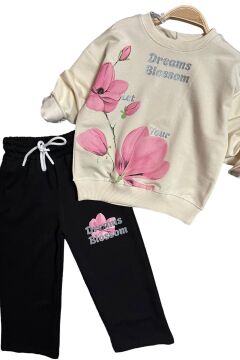 Kız Çocuk Digital Lale Baskılı Kazak Yazı Detaylı Alt Eşofman Takım