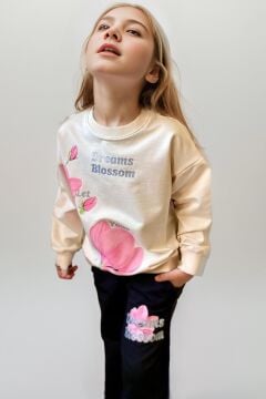 Kız Çocuk Digital Lale Baskılı Kazak Yazı Detaylı Alt Eşofman Takım