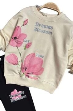 Kız Çocuk Digital Lale Baskılı Kazak Yazı Detaylı Alt Eşofman Takım