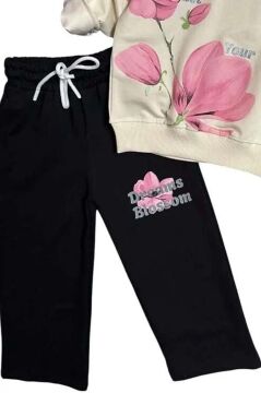 Kız Çocuk Digital Lale Baskılı Kazak Yazı Detaylı Alt Eşofman Takım