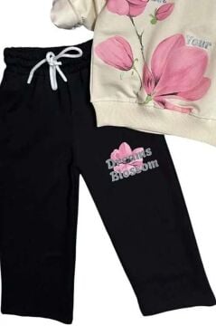 Kız Çocuk Digital Lale Baskılı Kazak Yazı Detaylı Alt Eşofman Takım