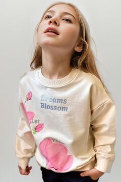 Kız Çocuk Digital Lale Baskılı Kazak Yazı Detaylı Alt Eşofman Takım