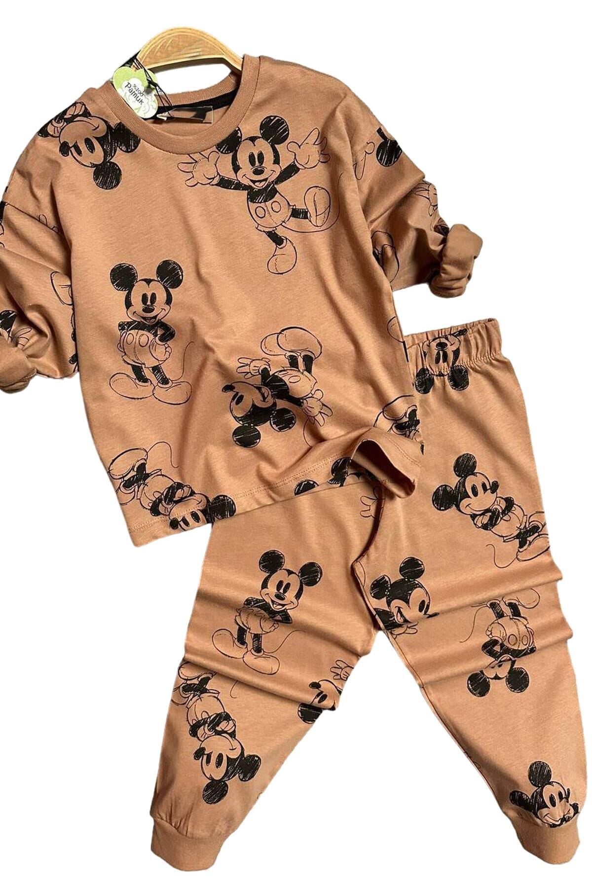 Erkek Çocuk Ayıcık Baskı Bilekleri ve Beli Lastikli Likralı Kazak Kahverengi Pijama Takım