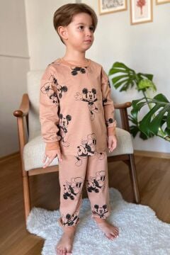 Erkek Çocuk Ayıcık Baskı Bilekleri ve Beli Lastikli Likralı Kazak Kahverengi Pijama Takım