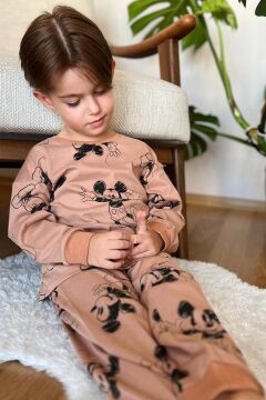 Erkek Çocuk Ayıcık Baskı Bilekleri ve Beli Lastikli Likralı Kazak Kahverengi Pijama Takım