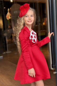 Kız Çocuk Kare Yaka Göğsü Pano Çiçek Asimetrik Kesim Kırmızı Elbise