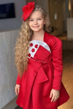 Kız Çocuk Kare Yaka Göğsü Pano Çiçek Asimetrik Kesim Kırmızı Elbise