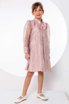 Kız Çocuk Yakası Fiyonk Detaylı Kolları Şeffaf Tül İçi Astarlı Şifon Pudra Elbise