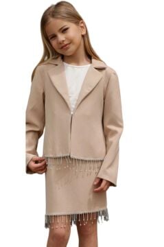 Kız Çocuk Dökümlü Kristal Taş Detaylı Krem Etekli Takım