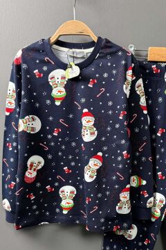 Erkek Çocuk Üzeri Kardan Adam ve Noel Baskılı Lacivert Pijama Takımı