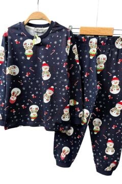 Erkek Çocuk Üzeri Kardan Adam ve Noel Baskılı Lacivert Pijama Takımı