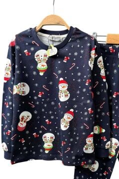 Erkek Çocuk Üzeri Kardan Adam ve Noel Baskılı Lacivert Pijama Takımı