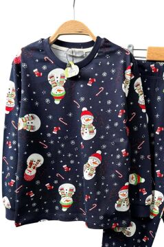 Erkek Çocuk Üzeri Kardan Adam ve Noel Baskılı Lacivert Pijama Takımı