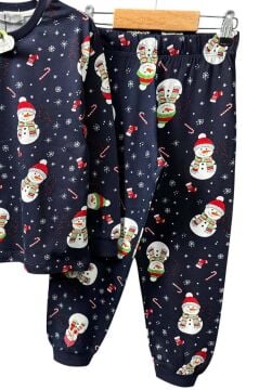 Erkek Çocuk Üzeri Kardan Adam ve Noel Baskılı Lacivert Pijama Takımı