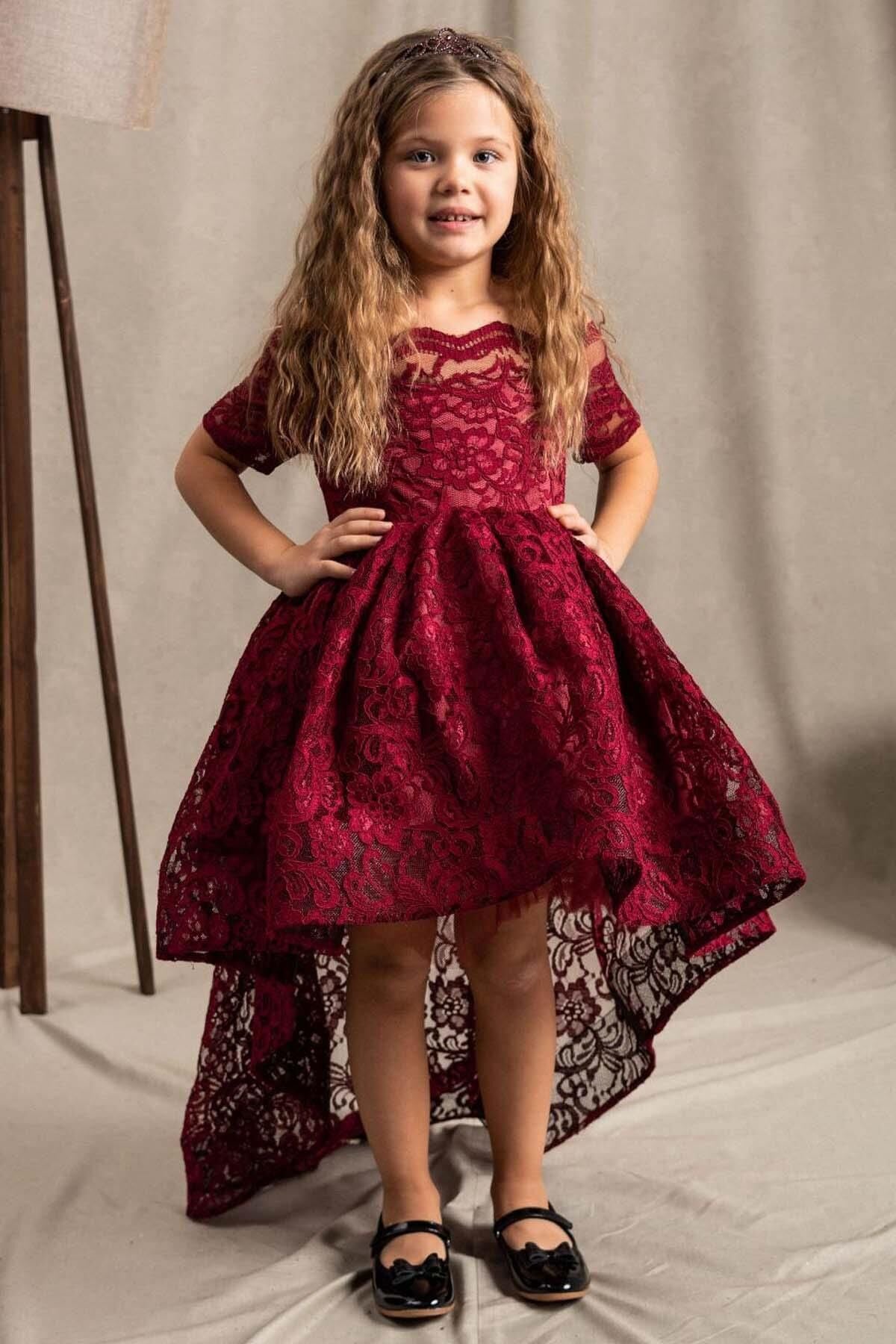 Kız Çocuk Kayık Yaka Üzeri Dantel Detaylı Kuyruklu Bordo Abiye