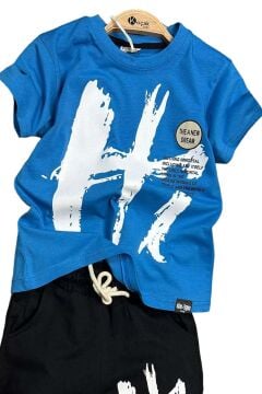 Erkek Çocuk Hi Yazı Baskılı Kısa Kollu Saks Mavi Şortlu Takım