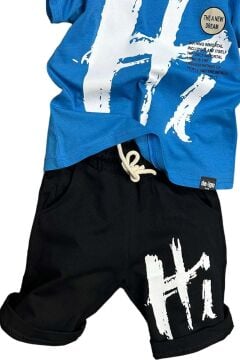 Erkek Çocuk Hi Yazı Baskılı Kısa Kollu Saks Mavi Şortlu Takım